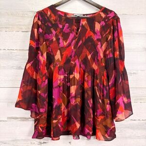Floral & Ivy‎ Pink Brown Size L Abstract Smocked Pleated Bell Sleeve Tunic Top